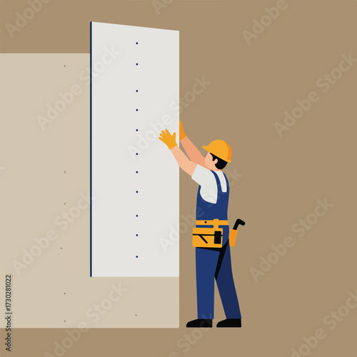 Construction worker in PPE, placing drywall on wall with dots as markers