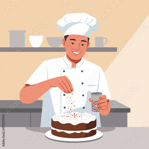 Smiling chef adding colorful sprinkles to a chocolate frosted layer cake