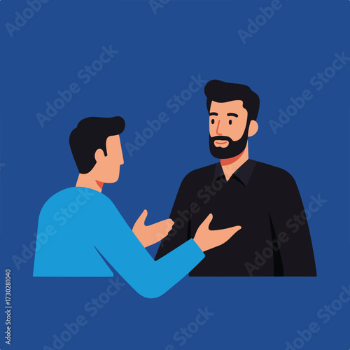 Two men converse with open hands
