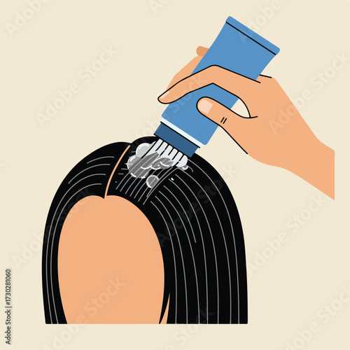 Blue tube held by hand applies grey foam to dark hair on pale peach background
