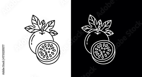 Passion fruit line art illustration on white and black backgrounds.