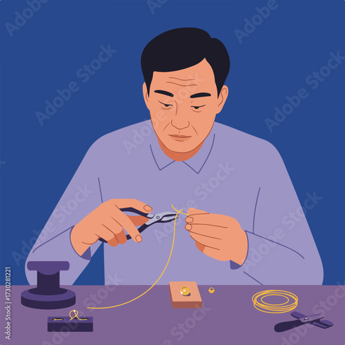 Person crafting jewelry with tools, focusing on wire with a serious look
