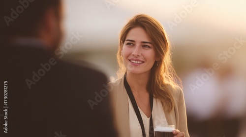 A captivating scene of a woman with a pleasant smile, engaging in conversation, she holding a glass of drink at sunset, creates a feeling of intimacy.