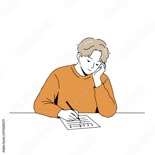 Man in orange sweater writes musical notes