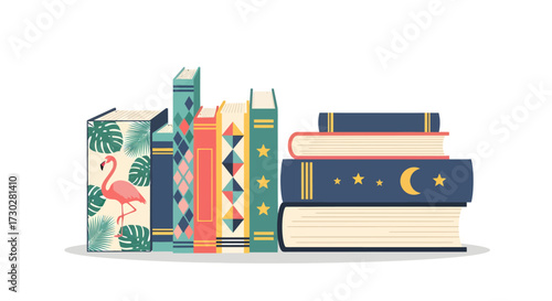 A collection of colorful books arranged in a row and stacked, with decorative covers.