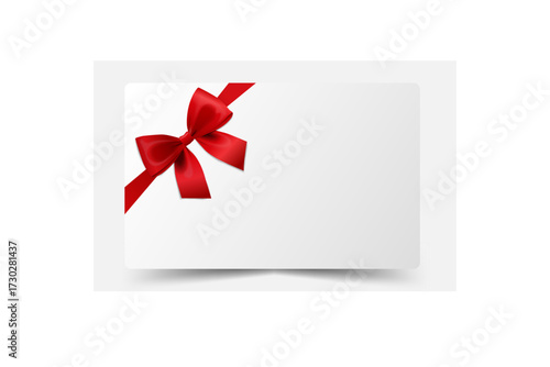 Vector 3D Realistic White Gift Card or Gift Certificate Mockup with Red Satin Ribbon and Elegant Bow. Blank Template for Birthday, Valentine's Day, Christmas, Sale, or Invitation Design