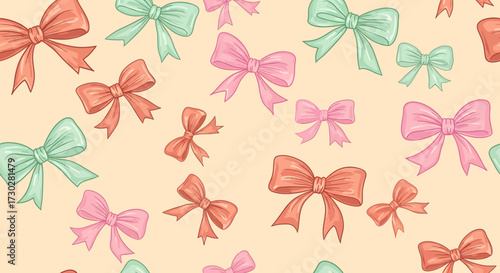 A seamless repeating pattern of cute hand-drawn bows in pastel pink, coral, and mint green on a light background.