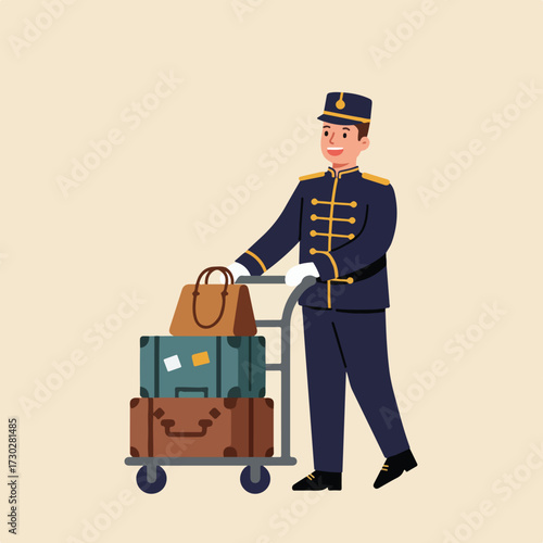 Illustration of bellhop pushing a luggage cart with various bags