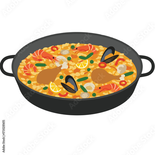 Paella brimming with rice, shrimp, chicken, lemon, mussels in a black pan