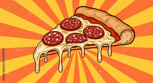 A cartoon illustration of a slice of pepperoni pizza with dripping melted cheese on a retro orange and yellow sunburst background.