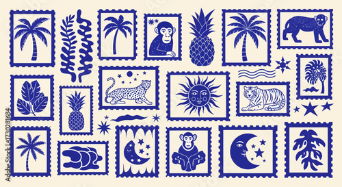 A collection of blue and white postage stamp-like illustrations featuring tropical plants, animals, celestial bodies, and abstract patterns.