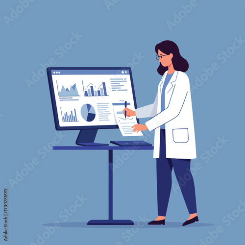 Lab-coated woman analyzes graphs on screen, writing notes
