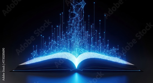 Luminous Digital Information and Network Connections Emanating from an Open Book, Symbolizing AI, Knowledge, and Future Technology