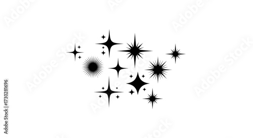 A collection of various black sparkle and shine graphic elements, including starbursts and glows, on a clean white background.