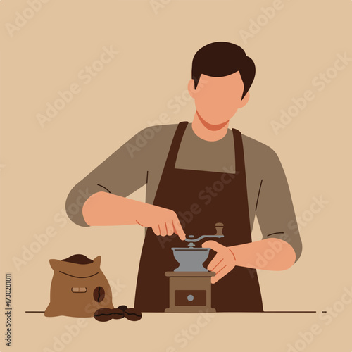 Barista grinding coffee beans in a hand grinder; coffee bag nearby