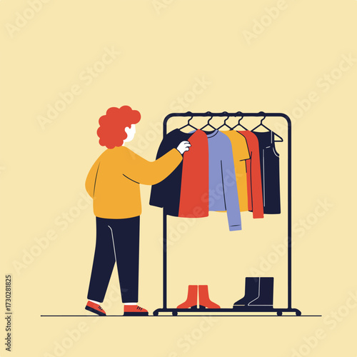 Person choosing clothes from rack; colorful outfits, boots below. Flat style