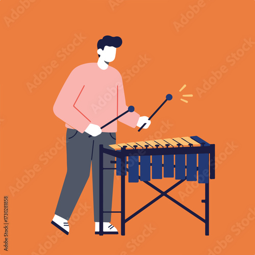 Cartoon person playing the xylophone in front of an orange background