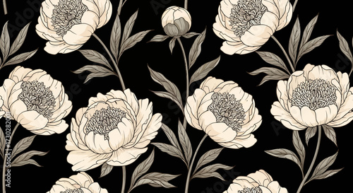 Elegant black floral pattern featuring detailed white peony flowers and leaves, a classic design.