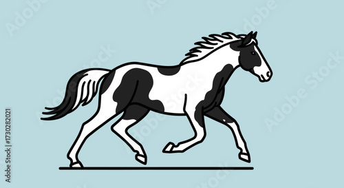 A stylized illustration of a black and white pinto horse in motion against a light blue background.
