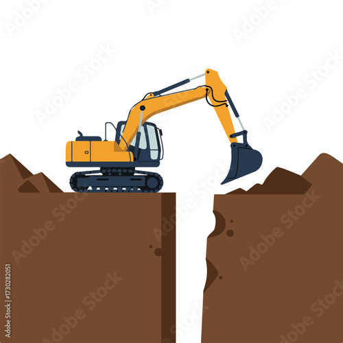 Yellow excavator digging a trench in brown soil on a plain white background