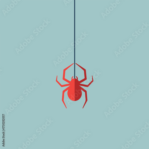 A red spider hangs down on a thread against a light blue background