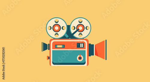 A retro-style illustration of a vintage movie camera with film reels on a solid yellow background.