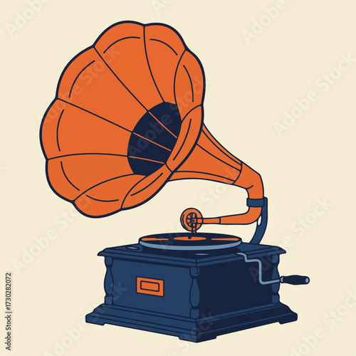 Orange horn gramophone with blue base and crank on a pale yellow background