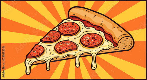 Cartoon illustration of a delicious pepperoni pizza slice with melting cheese on a vibrant orange and yellow sunburst background.