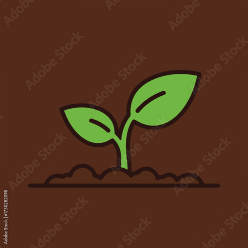 Cartoon image of sprout in dark brown soil with rounded corners