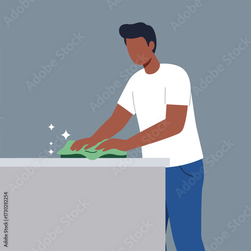 Flat illustration of a man cleaning a surface with a green cloth