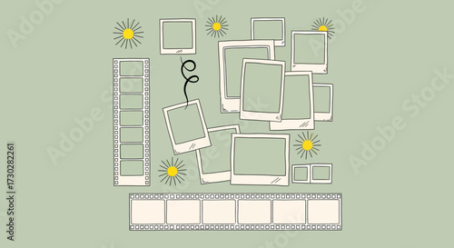 Illustration of a collection of blank polaroid photos, film strips, and decorative suns on a light green background.