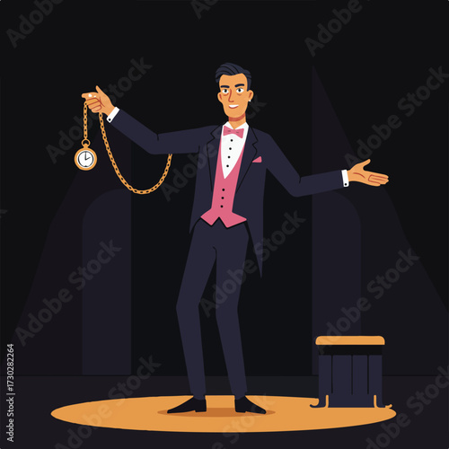 Man in tuxedo hypnotizing with watch