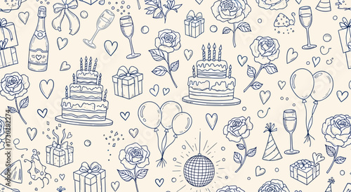 Hand-drawn illustration of a celebratory pattern featuring cakes, gifts, balloons, and floral elements.
