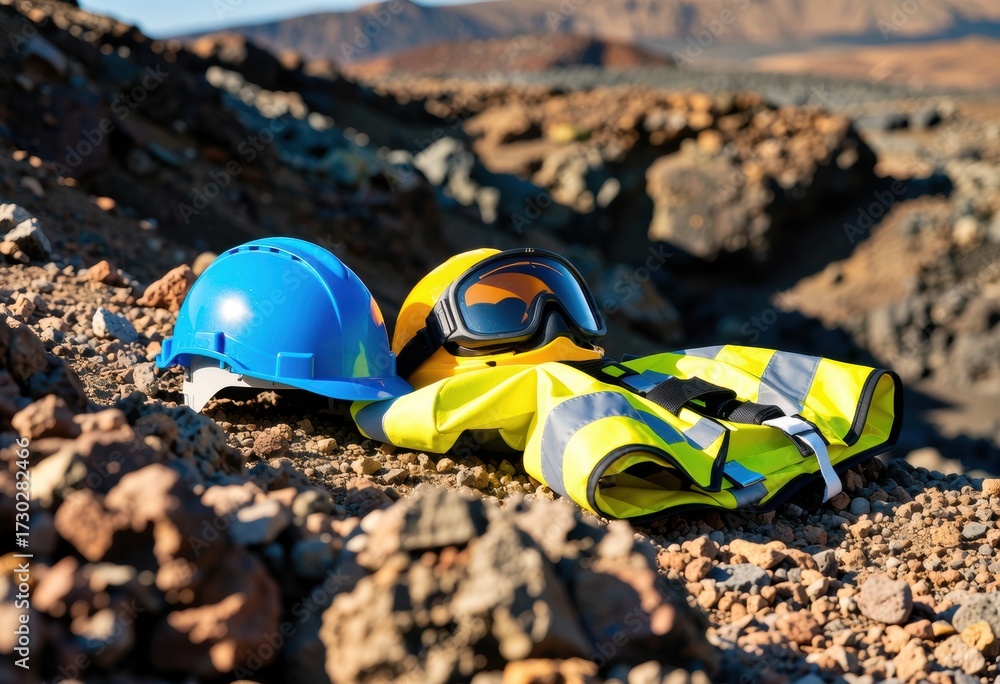 Obraz premium Safety equipment on a volcanic island research base with rugged landscape