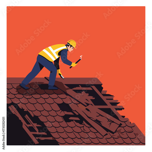 Roofer repairs damaged roof tiles with hammer, orange background