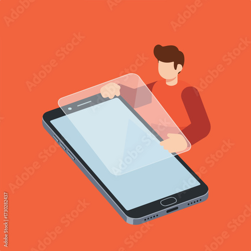 Isometric shot of person installing a screen protector on a phone