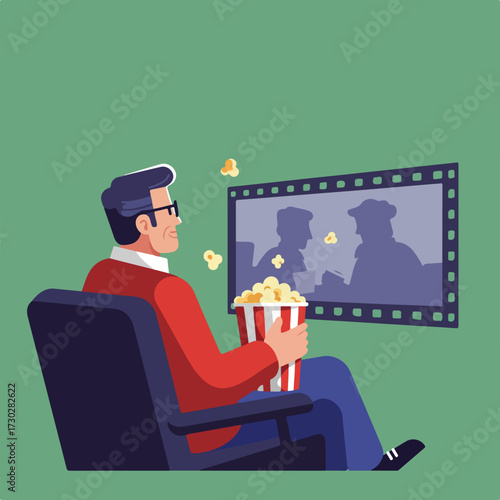Man in cinema, holding popcorn, watching film reel on green background