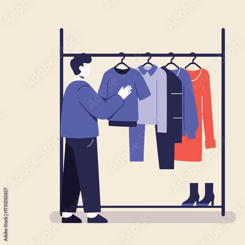 Person choosing clothes from rack with shirts, dress, and shoes on bottom shelf