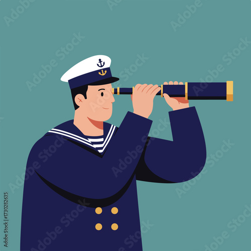 Sailor looking through telescope wearing uniform on teal backdrop