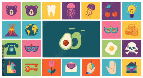 A vibrant collage of colorful square icons featuring a variety of objects and symbols, including food, animals, and everyday items.
