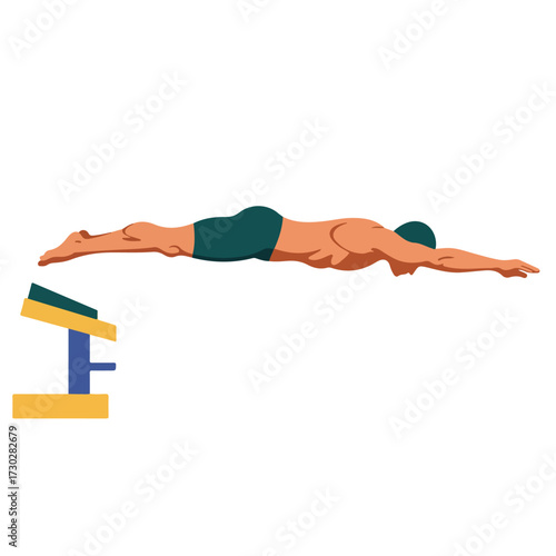 Swimmer diving from platform, streamlined body, flat design, vibrant colors