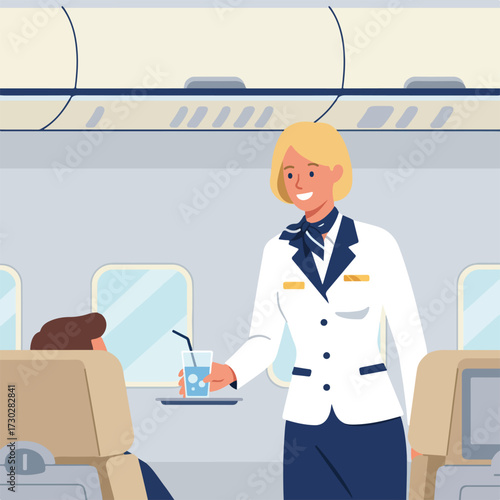 Flight attendant serves a drink to a passenger on an airplane; interior view