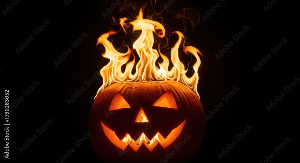 Fototapeta premium Fiery Jack-o'-lantern: A chilling celebration of halloween night's vibrant blaze