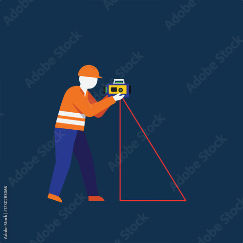 Surveyor with theodolite emits a red laser beam on navy background