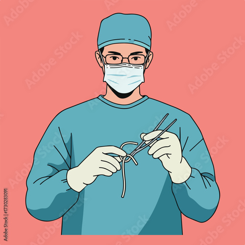 Surgeon in scrubs tying suture with surgical forceps on a salmon colored background