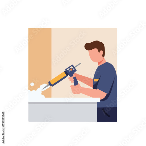 Man sealing bathtub with caulk gun, simplified illustration in muted colors