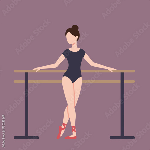 Ballerina rests hands on ballet bar, wearing leotard and red ballet shoes