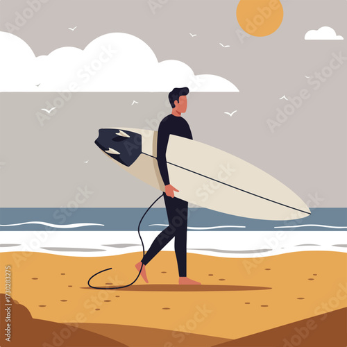 Man in wetsuit walks beach carrying surfboard under sun, with gulls