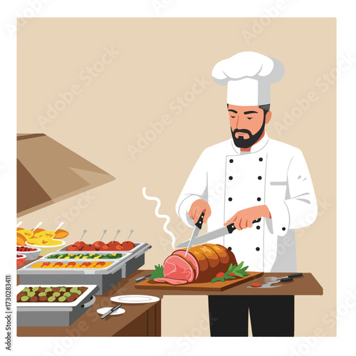 Chef in uniform cuts roast beef on buffet with various food dishes