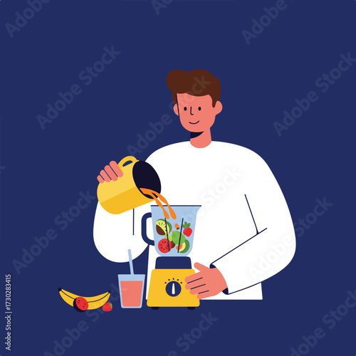 Man pours juice into blender over fruits, smoothie and banana shown